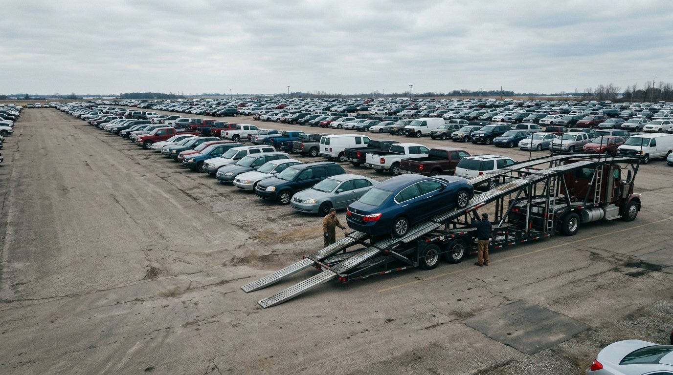 Vehicles waiting for collection in an auto auction storage lot