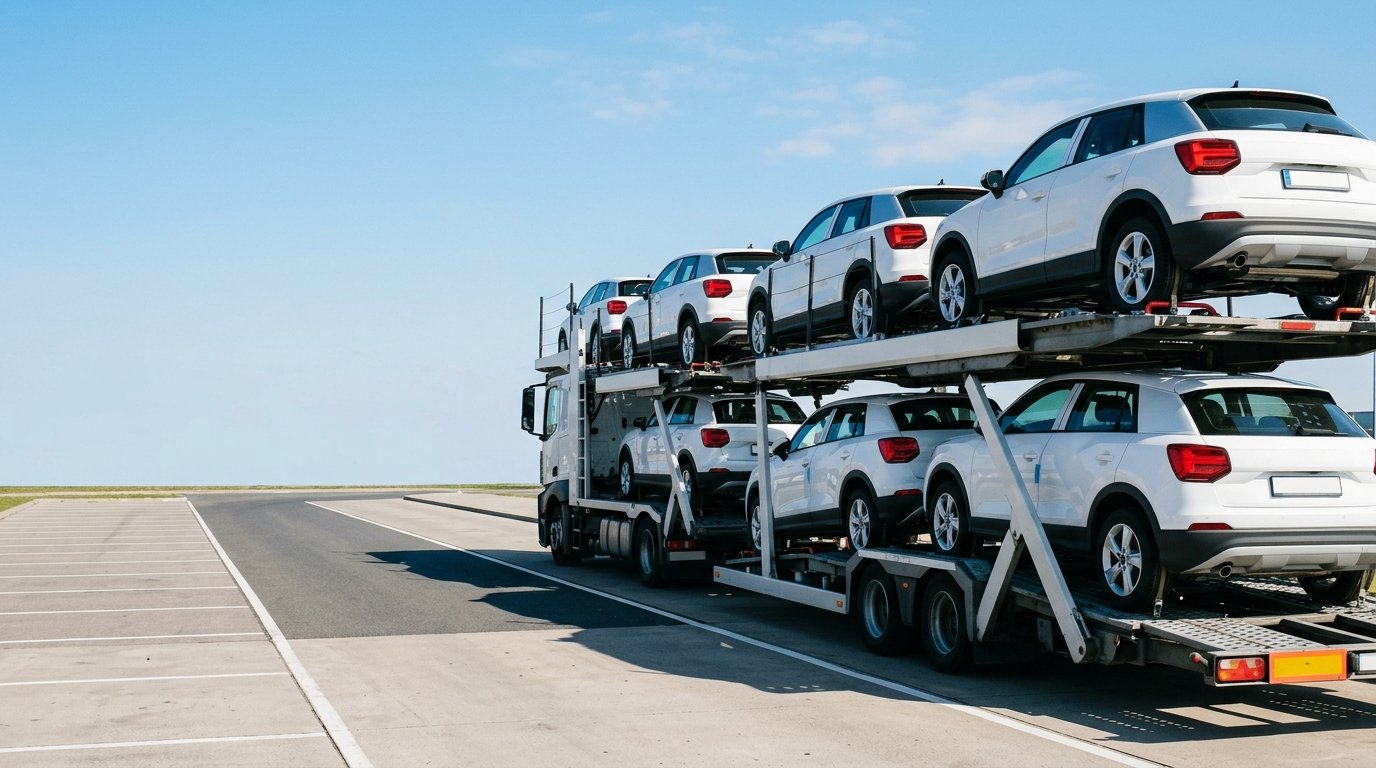 Car carrier delivering vehicles to a dealership lot