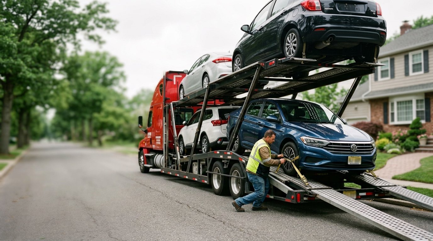 Car carrier truck collecting a vehicle from a residential street