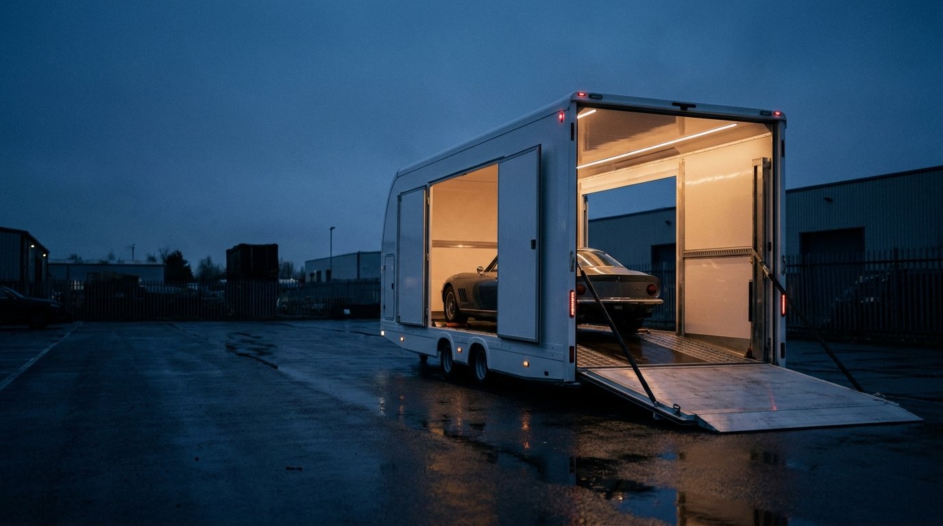 Enclosed car carrier trailer used for luxury and classic vehicle transport