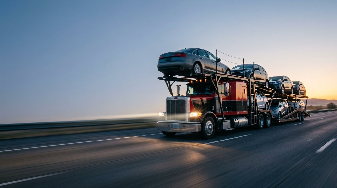 Car carrier truck travelling at speed on an open interstate highway