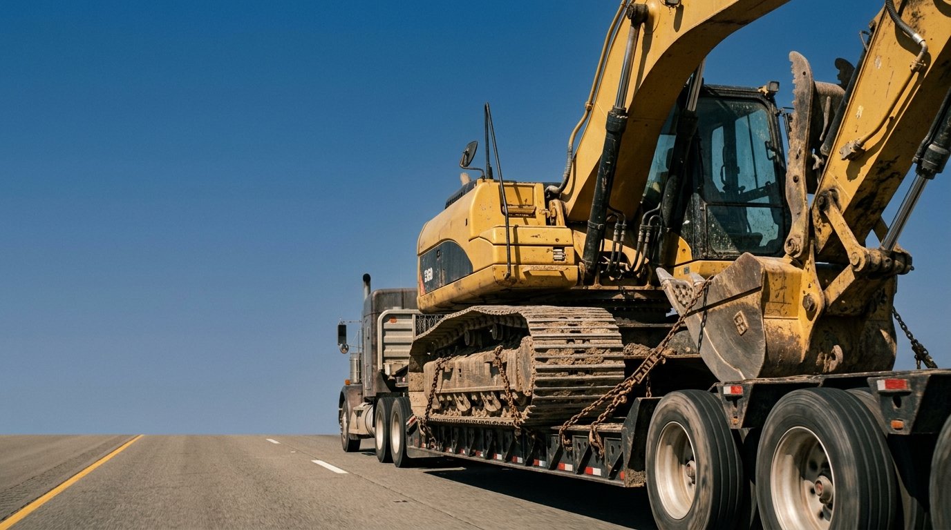 Heavy construction equipment loaded on a lowboy transport trailer
