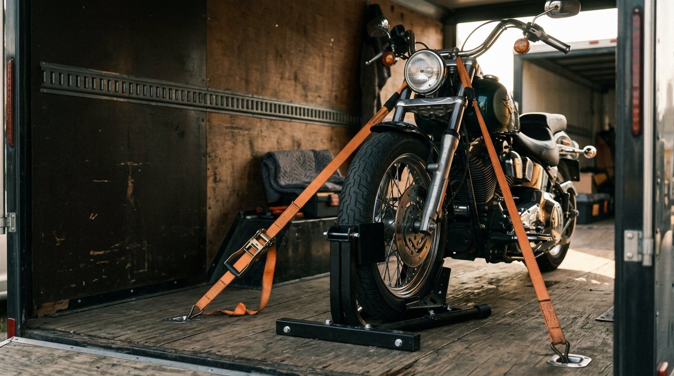 Motorcycle secured with soft straps inside a transport trailer