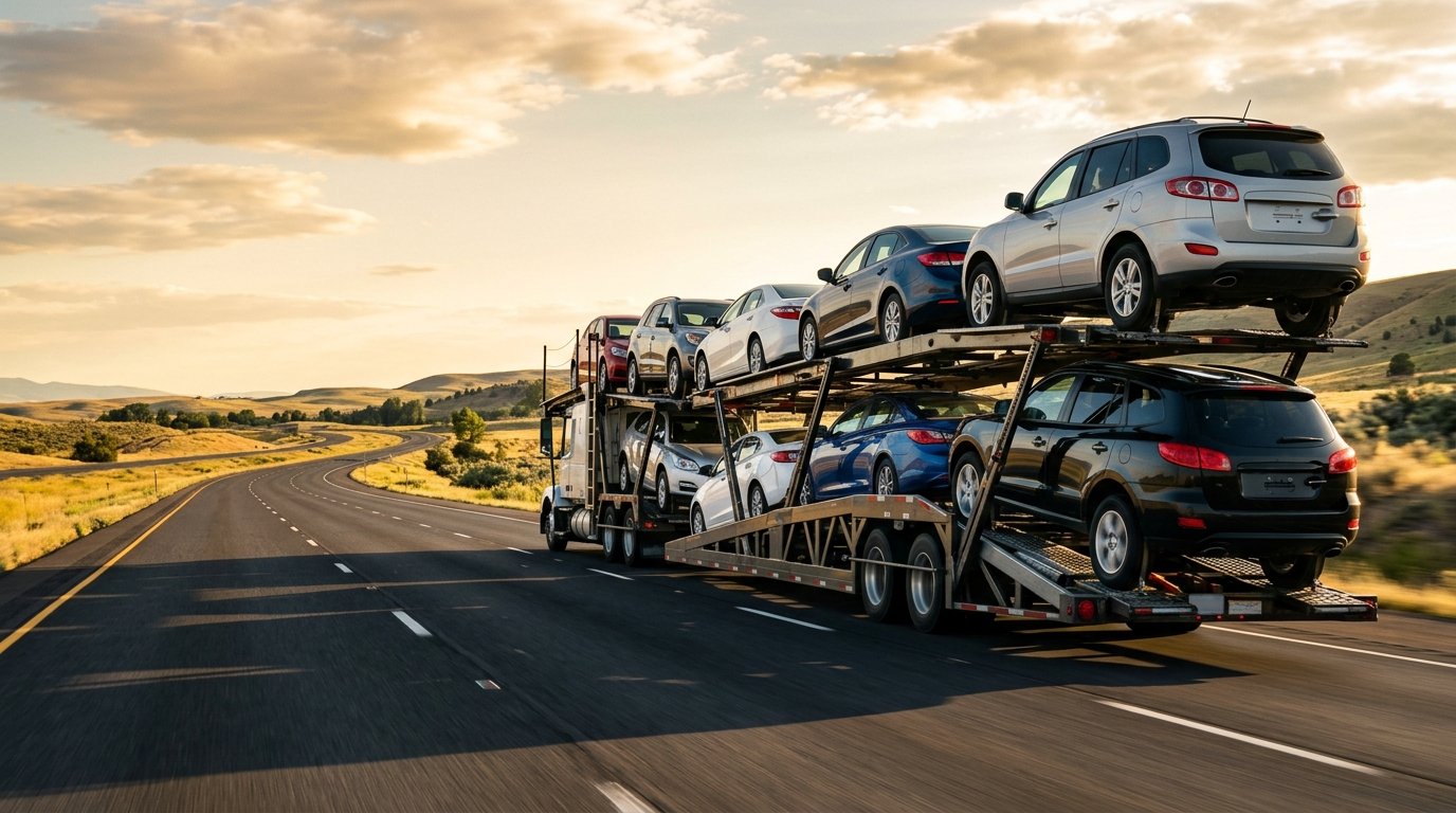Car carrier trailer loaded with multiple vehicles for a single shipment