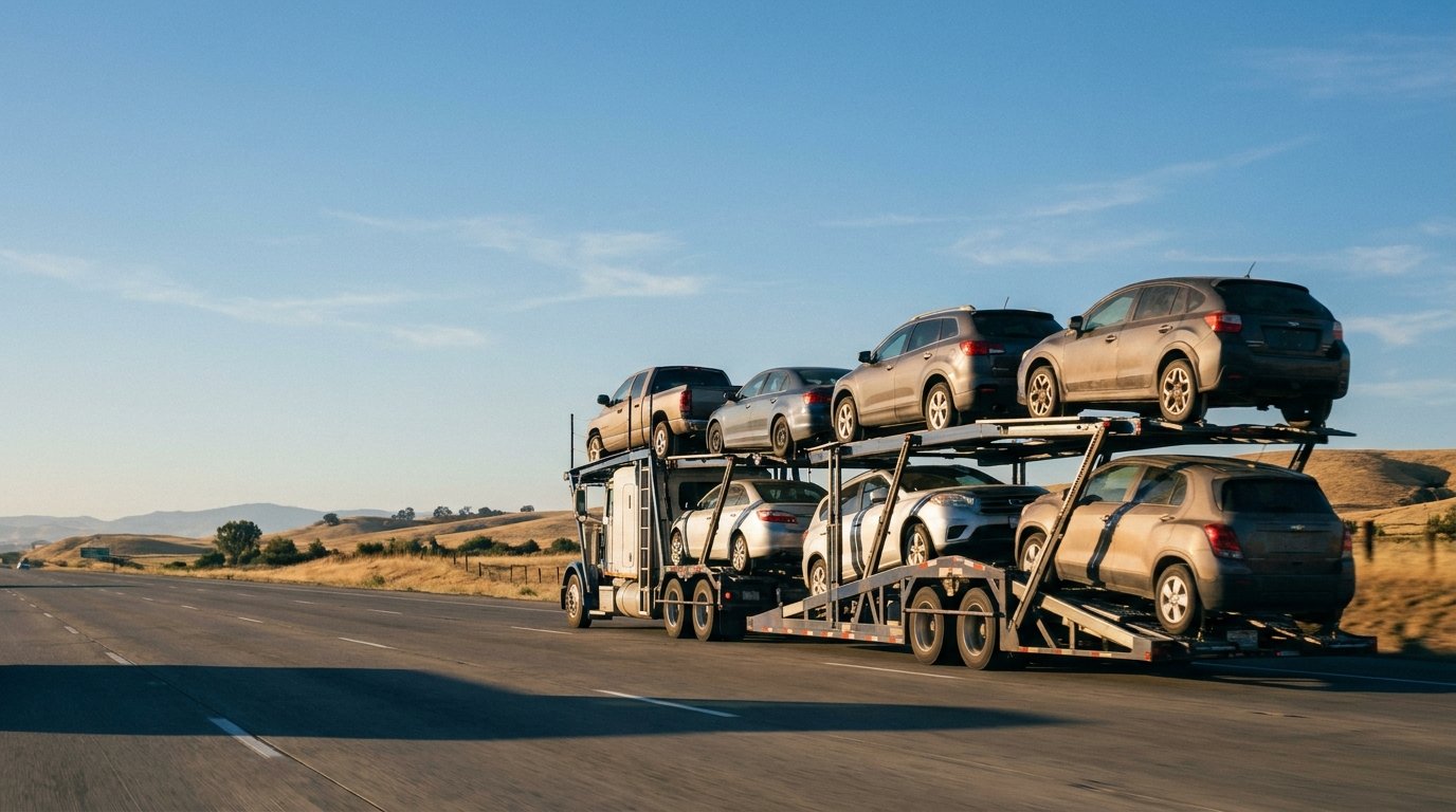 Open car carrier trailer loaded with vehicles on an American highway