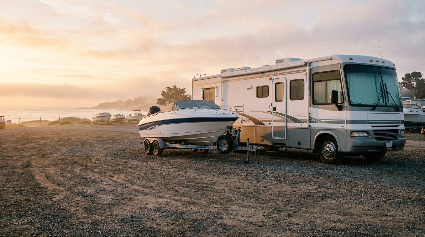 Motorhome and boat being prepared for long distance transport